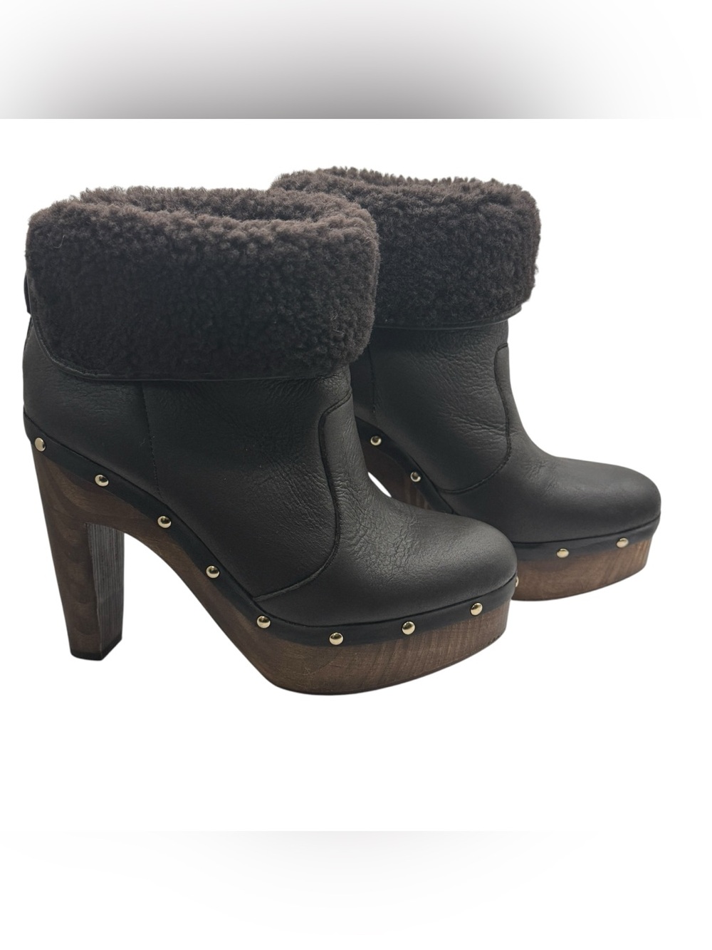 Elie Tahari Dark Brown Leather Shearling Clog Ankle Boots Studded Heel 37